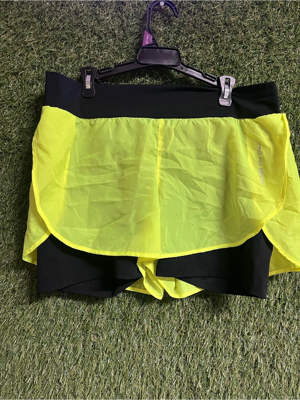 Guess Neon Yellow and Black Layered Athletic Skort